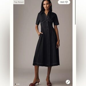 Anthropologie Exquise Short Sleeve Seamed Pleated Midi Dress Black Large NWT NEW